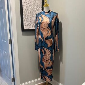 Stylish Long Sleeve Blue and Tan Dress